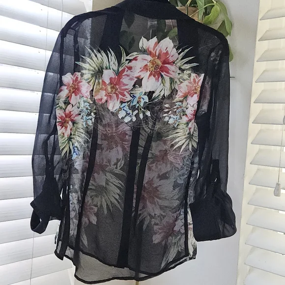 Cache Vintage Black Sheer Blouse with Pink Floral Design - Picture 2 of 5